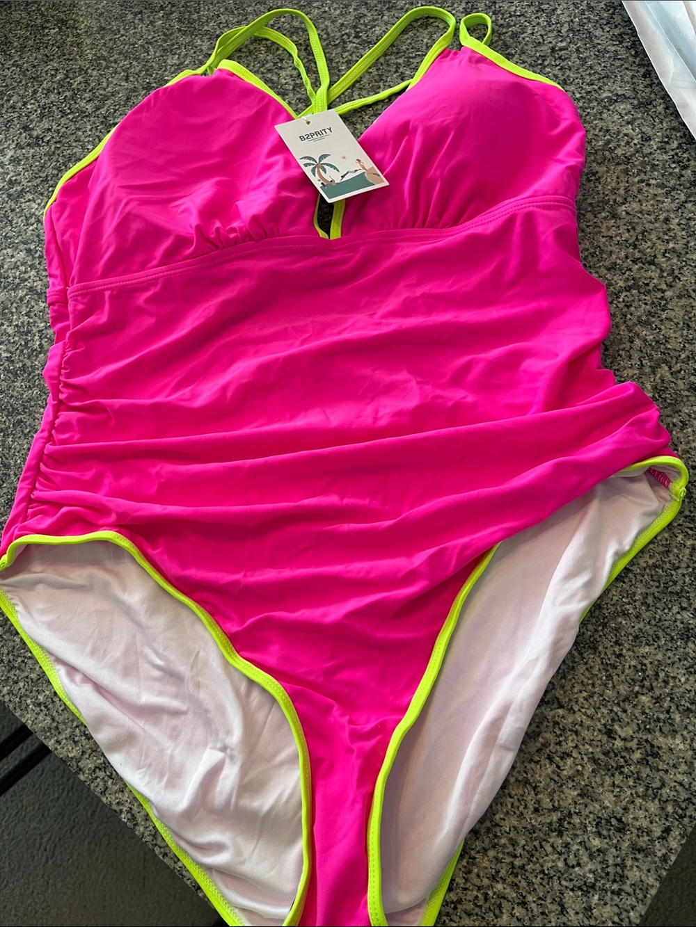 B2PRITY Hot Pink One-Piece Swimsuit with Neon Lime Trim